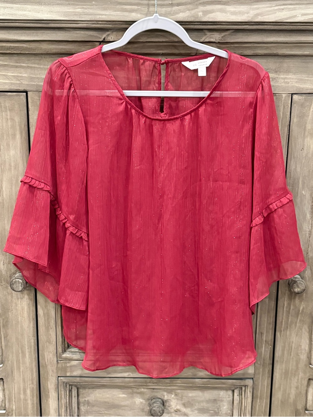NWOT Women’s LAUREN CONRAD Maroon/Red Sparkle 3/4 Bell Sleeve Blouse (XL)